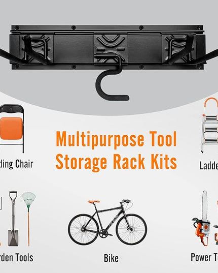 Garden Tool Rack Set, Garage Wall Organization Hanger with 3 Mop Holder and 6 Multi-Purpose Hooks, Garden Yard Shovels Rakes for String Hedge Trimmer Brooms Hoses Folding Chairs ladders, and More