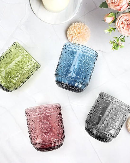 Glass Cups, Vintage Glassware Drinking Glass Set of 4, 12oz Colored Glassware with Sunflower Design, Embossed Floral Decorative Glasses Drinking Set for Cocktail, Wine, Vintage Drinking Glasses