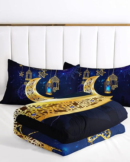AILONEN Moon Lantern Comforter Set Queen Size, Gold Crescent Star Blue Galaxy Bedding Set,Soft and Lightweight Quilt Set Bedroom Decor All Season 3 Pieces, 1 Comforter and 2 Pillowcases