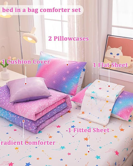 Rainbow Bedding Set Queen Size – 6-Piece Reversible Girls Comforter with Deep-Pocket Sheet, Gradient Galaxy Design, Whole-Piece Filling, Machine Washable Bed-in-a-Bag for Kids Room Makeover & Gifts