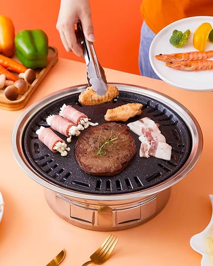 Portable Korean Style Stainless-Steel Barbecue Grill, Charcoal BBQ Round Grill Stove for Outdoor Camping, Picnicking & Parties 1~4 People, 13.8" DIA
