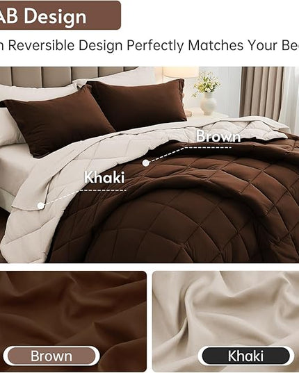 MUXHOMO 5 Pieces Twin XL Comforter Set, Reversible Bed in a Bag Twin XL Size, All Season Bedding Set with Comforter, Flat Sheet, Fitted Sheet, Pillowcases & Shams, Brown & Khaki