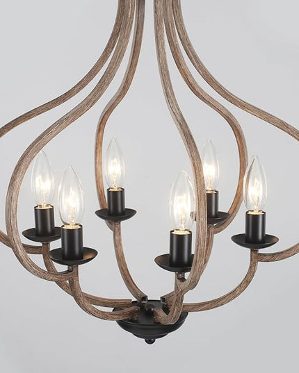 18‘’ Wood Farmhouse Chandelier, 6-Light Vintage Rustic Oak Brown Pendant Lights for Kitchen Island Lighting for Hallway Entryway Foyer Living Room Bedroom