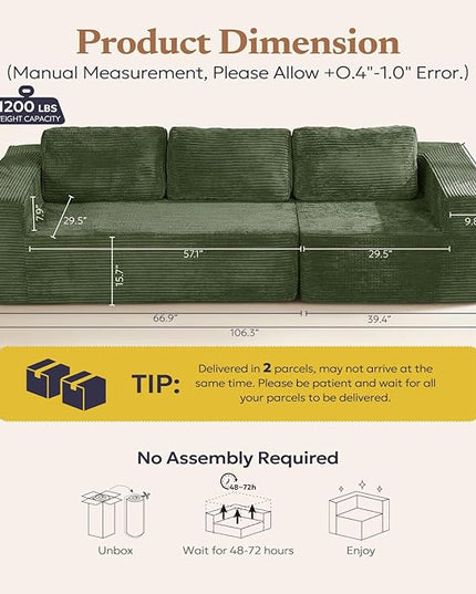 106" 3-Seater Sofa, Cloud Modular Sofa with Certified Foam, Upholstered Floor Sofa with Deep Seat, Sofa for Bedroom Living Room, No Assembly Required (Green, Plush Corduroy Fabric)