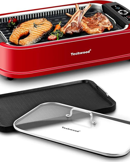 Indoor Smokeless Grill, Techwood 1500W Electric BBQ Grill with Temperature Control, Korean Grill Removable Non-Stick Grill & Griddle Plates, Tempered Glass Lid, Red
