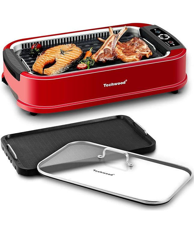 Indoor Smokeless Grill, Techwood 1500W Electric BBQ Grill with Temperature Control, Korean Grill Removable Non-Stick Grill & Griddle Plates, Tempered Glass Lid, Red