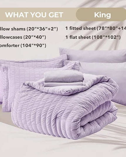 HYMOKEGE Lavender King Size Comforter Set Seersucker 7 Pieces, All Season Luxury Bed in a Bag for Bedroom, Bedding Set with Comforters, Sheets, Pillowcases & Shams