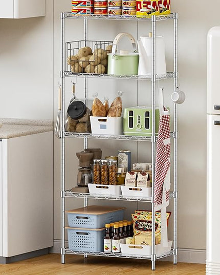 Storage Shelves,21.3" W x 11.8" D x 58.5" H Wire Shelving Unit Loads 550LBS,5-tier Adjustable Metal Utility Shelf,Garage Shelves with Liner and Hooks,Home Storage Rack for Kitchen,Laundry,Pantry