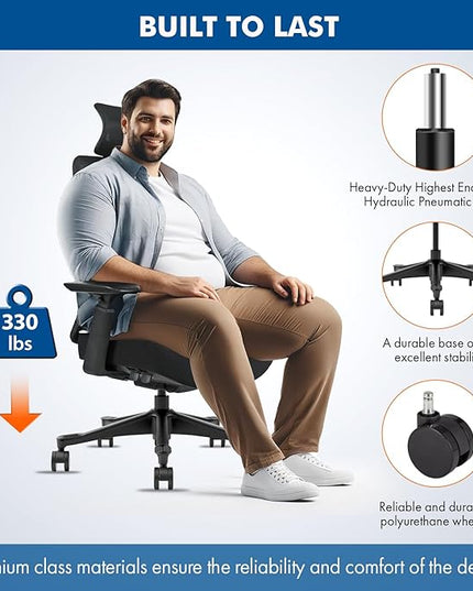 Mesh Office Chair with Headrest – Ergonomic Office Chair with Lumbar Support, Adjustable 3D Arms & Soft Seat – Holds Up to 330lbs (Black)