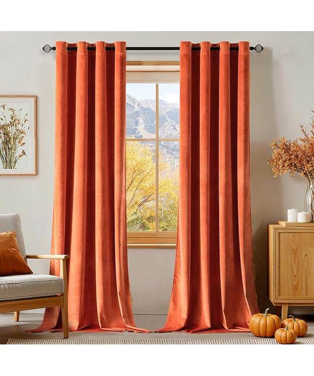 MIULEE Burnt Orange Velvet Curtains 96 Inch Length for Fall Thermal Insulated Soundproof Room Darkening Long Blackout Curtains/Grommet Window Drapes Black Out for Theatre/Girls Room Decor Set of 2