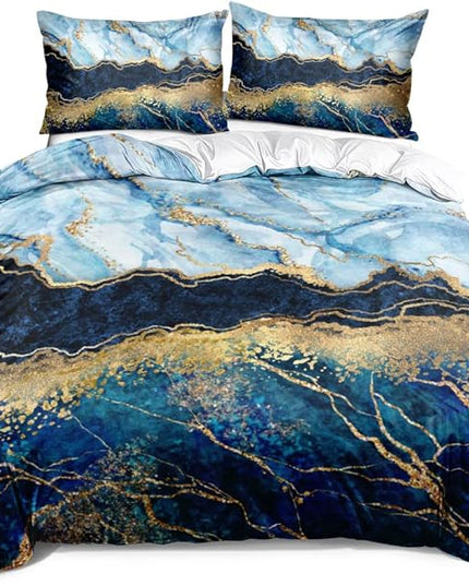 Royal Blue Marble Duvet Cover Set Full Size Sequin Gold Bedding Comforter Covers with 2 Pillow Shams Breathable Durable Soft Comfy
