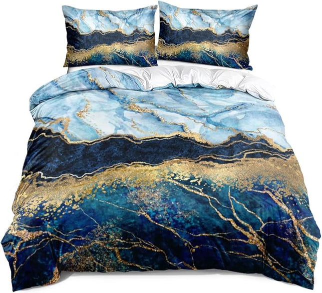 Royal Blue Marble Duvet Cover Set Full Size Sequin Gold Bedding Comforter Covers with 2 Pillow Shams Breathable Durable Soft Comfy
