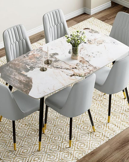 6 Person Dining Table Set, Sintered Stone Dining Table Set for 6, Kitchen Table Chairs Set of 6, Easy to Assemble