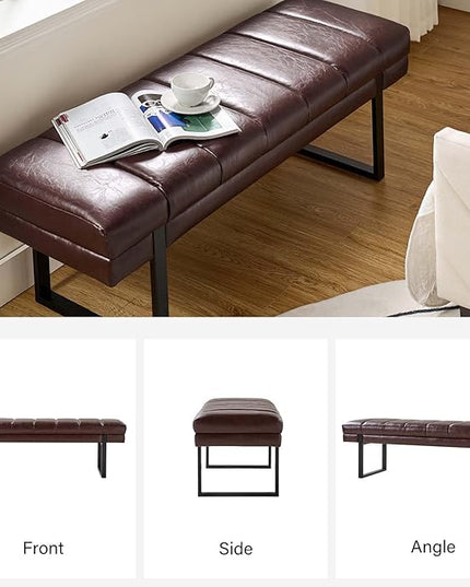 HULALA HOME 53" Faux Leather Entryway Bench, Button Tufted End of Bed Bench Ottoman for Bedroom, Living Room with Metal Base,Brown