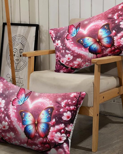 AILONEN Butterfly Butterfly Fitted Sheet Set for Girls,Pink Cherry Blossoms Butterflies Bedding Set Gifts Twin XL Size,Romantic Moments Bed Sheet Set for Cat Lovers,1 Sheet Set + 2 Pillowcase