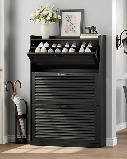 Maupvit Shoe Storage Cabinet with 3 Flip Louvered Doors, Freestanding Organizer with Metal Hinges, Shoe Cabinet for Entryway, Narrow Shoe Rack Cabinet, Black