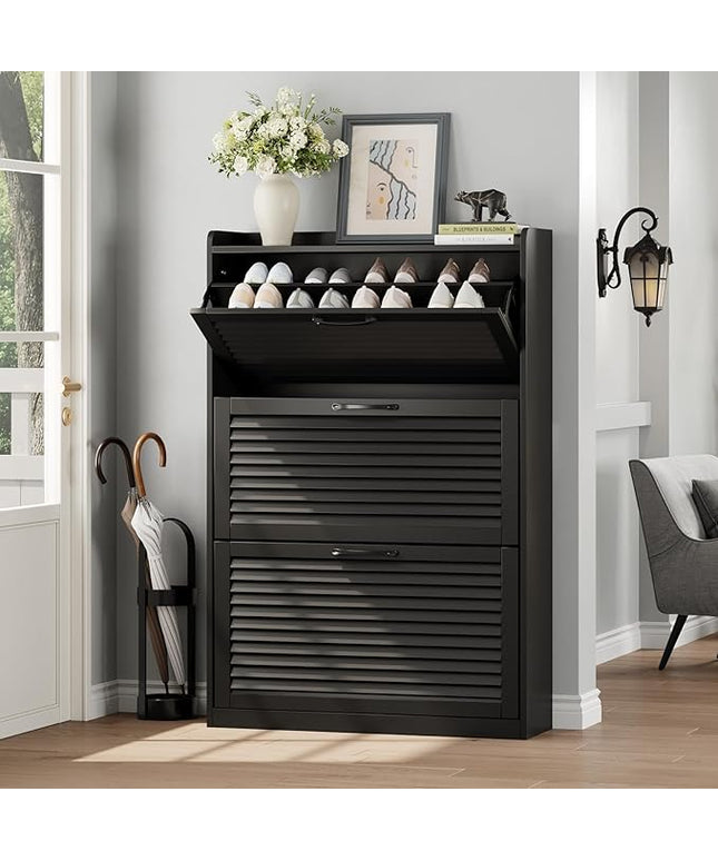 Maupvit Shoe Storage Cabinet with 3 Flip Louvered Doors, Freestanding Organizer with Metal Hinges, Shoe Cabinet for Entryway, Narrow Shoe Rack Cabinet, Black