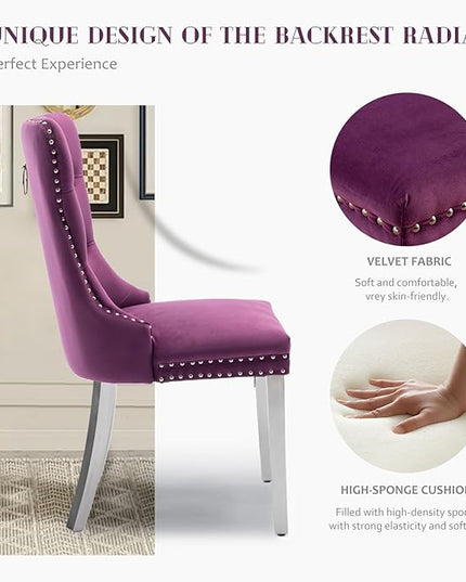 SoarFlash Velvet Dining Chairs Set of 8, Tall Back Side Chair, Modern Upholstered Side Chair with Button Back Ring, Silver Plated Stainless Steel Legs (Purple)