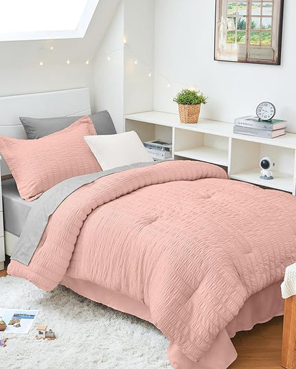 HYMOKEGE Rose Gold/Light Grey Twin XL Comforter Set Seersucker 5 Pieces, All Season Luxury Bed in a Bag for Bedroom, Bedding Set with Comforter, Sheets, Pillowcase & Sham