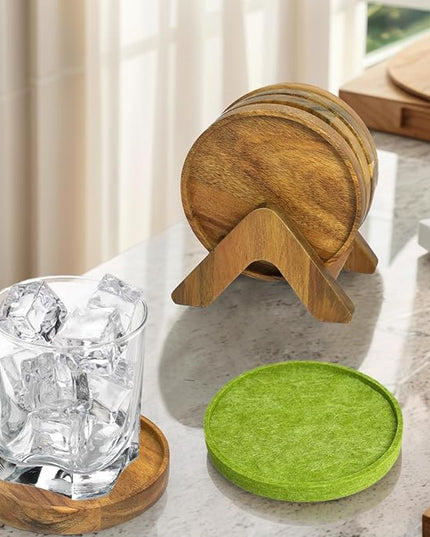 Acacia Wood Coasters Set of 8 with Holders, 4 Acacia Wood & 4 Absorbent Felt Pads, 3.6 Inches Fit Coffee Table, Home, Office, Bar, Offers Tabletop Protection, Stylish Decor and Ideal Gift