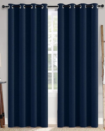 MIULEE 100% Blackout Linen Textured Curtains for Bedroom Solid Thermal Insulated Midnight Blue Grommet Room Darkening Curtains & Drapes Luxury Decor for Living Room Nursery 52 x 108 Inch (2 Panels)