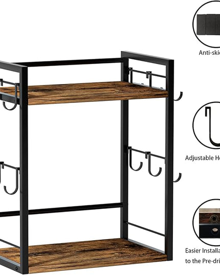 Dorhors 2 Tier Coffee Bar Accessories and Organizer,Multi-functional Mug Holder with 12 Hooks,Wood Coffee Station Organizer,Kitchen Countertop Shelf (Rustic Brown)