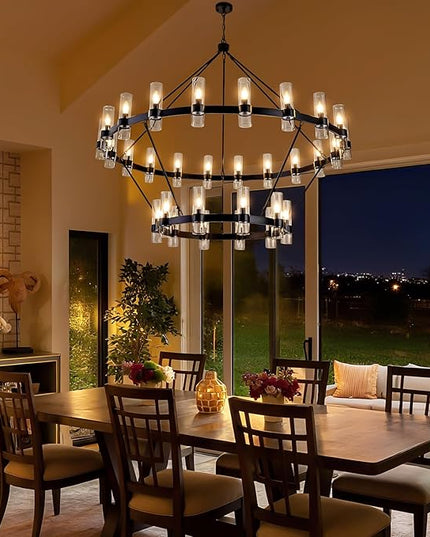 60 Inch Black Wagon Wheel Chandelier with Glass Shade, 30 Lights, 2 Tier Modern Farmhouse Chandelier, Pendant Lighting Fixture Ideal for Dining Room, Kitchen, Entryways