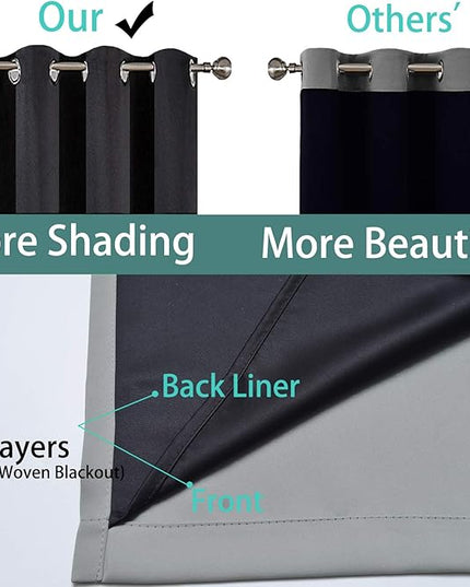Yakamok Gray 100% Blackout Curtains 45 Inches Long, Full Light Blocking Thermal Insulated Blackout Drapes with Black Liners for Bedroom(Grey, 2 Panels, 52W x 45L)
