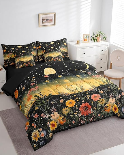 Feelyou 7 Piece Sun and Moon Bed in a Bag Queen Butterfly Moth Flower Sheet Set Rustic Garden for Boys Girls Kids Boho Moon Sun Star Bedding Comforter Boho Mandala Cushion Covers