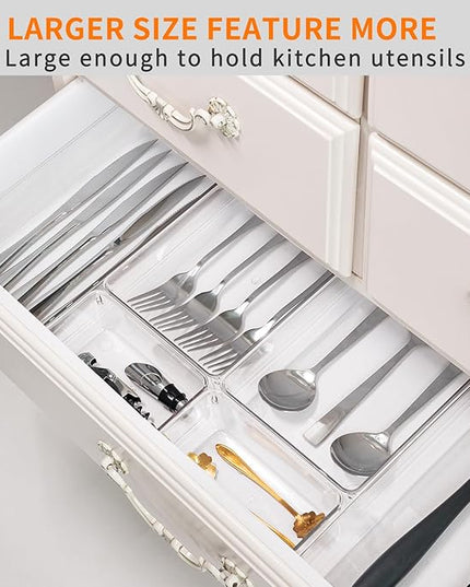 Criusia 21 Pack Large Clear Plastic Drawer Organizer Trays | BPA-Free Acrylic Organizer Bins for Large Kitchen Utensils, Bathroom, Makeup, Jewelries, Office Desk, School Supplies, Perfume