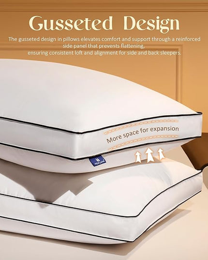 Feather Down Pillows Queen Size Set of 2 with Gusset, Luxury Hotel Collection Bed Pillow 2 Pack, Down Surrounded Gusseted Pillows for Sleeping, Soft Fluffy for Side, Back Sleepers 20x28+2 in.