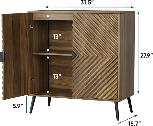 Smuxee Walnut Sideboard Cabinet with Fluted Diamond Doors, Freestanding Buffet Cabinet with Adjustable Shelf, Wood Storage Cabinet for Living Room, Entryway, Hallway