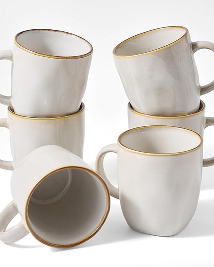 famiware Coffee Mugs Set of 6, Ocean Square 13oz Coffee Cup Set with Handle for Cocoa, Milk, Hot Chocolate, Tea, Water, Stoneware Cups for Kitchen, Microwave and Dishwasher Safe, Cappuccino White