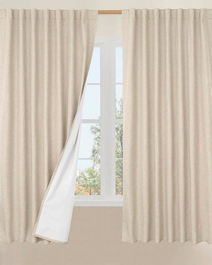 LAMIT 100% Blackout Linen Curtains 63 Inches Long, Flax Textured Living Room Farmhouse Curtains Full Room Darkening Back Tab and Rod Pocket Panels with White Liner, 2 Panels, Linen, 60 x 63 Inch