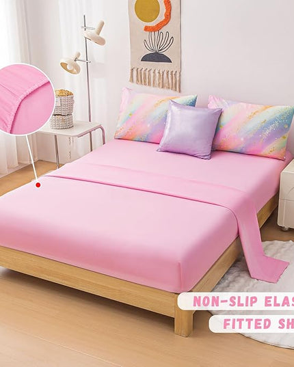 Rainbow Bedding Set Queen Size – 6-Piece Reversible Girls Comforter with Deep-Pocket Sheet, Gradient Galaxy Design, Whole-Piece Filling, Machine Washable Bed-in-a-Bag for Kids Room Makeover & Gifts