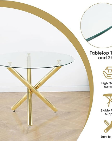 Modern Luxury Round Glass Dining Set for 4, 5 Piece Clear Minimalist Circle Glass Top Dinner Room Set, 39'' Small Circular Kitchen Table and Navy Blue Woven Set of 4, for Apartment (Golden)