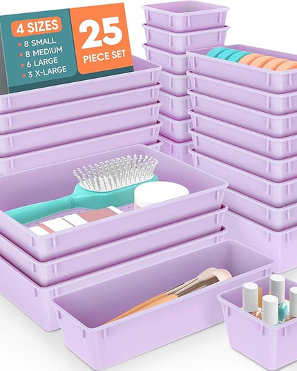 WOWBOX 25 PCS Plastic Drawer Organizer Set, 4 Sizes Desk Drawer Divider Organizers and Storage Bins for Makeup, Jewelry, Gadgets for Kitchen, Bedroom, Bathroom, Office, Purple
