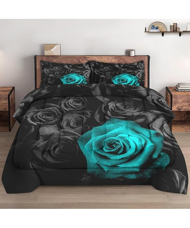 Twin Size Comforter Set with Pillowcase, Cyan Rose Flower 2 Pcs Bedding for Kids and Adults, Summer Vintage Floral Soft Comforter Set for Bedroom Bed Decor