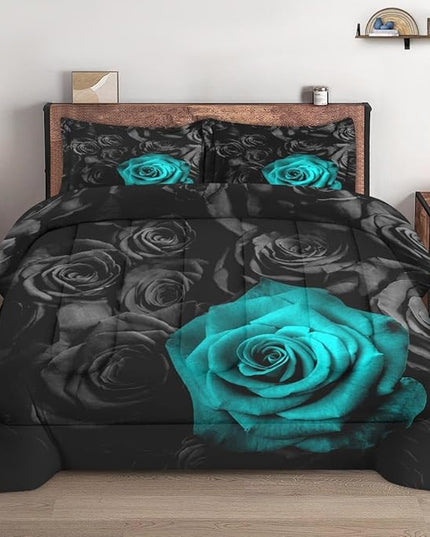 Full Size Comforter Set with 2 Pillowcases, Cyan Rose Flower 3 Pcs Bedding for Kids and Adults, Summer Vintage Floral Soft Comforter Set for Bedroom Bed Decor