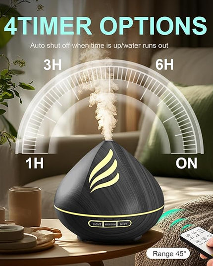 Essential Oil Scent Diffuser: 500ML Aroma Diffuser with Remote Control, Large Fragrance Aromatherapy Diffuser for Bedroom Home, Mist Humidifier with 14 Colors LED Lights and waterless Auto-Off, Black