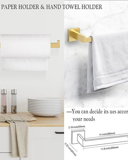 BOZWELL 5 Piece Light Brushed Gold Stainless Steel Towel Bar Set, 23.6 inch Square Bathroom Hardware Accessories Set,Wall Mounted Towel Racks for Bathroom with TP