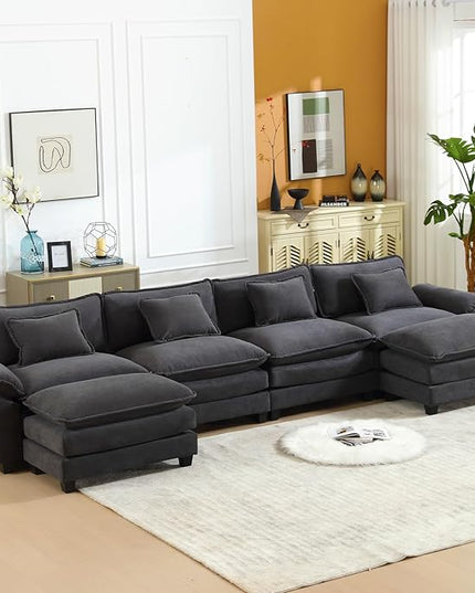 154" Modular Sectional Sofa, Comfy Cloud Couch Sectional Sofa with Ottoman, Velvet Sofa Sleeper Deep Seat Sofa with Throw Pillows for Living Room (Blue Gray, 154"- U Shape)