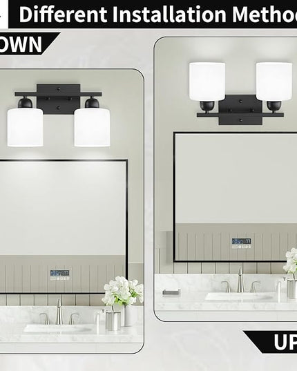 2 Light Black Bathroom Light Fixture, Modern Bathroom Lights with Milky White Frosted Glass Shades for Mirror Living Room Bedroom Hallway E26 Base