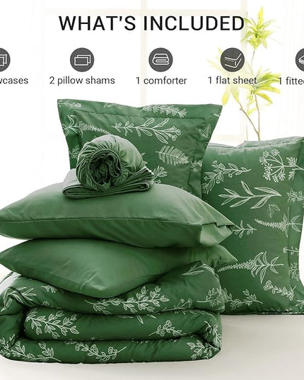 MUXHOMO Dark Green Full Comforter Set, Elegant Floral Print Bed in a Bag 7 Pieces, Ultra Soft & Breathable Reversible Botanical Pattern Bedding Set with Comforter, Sheets, Pillowcases, and Shams