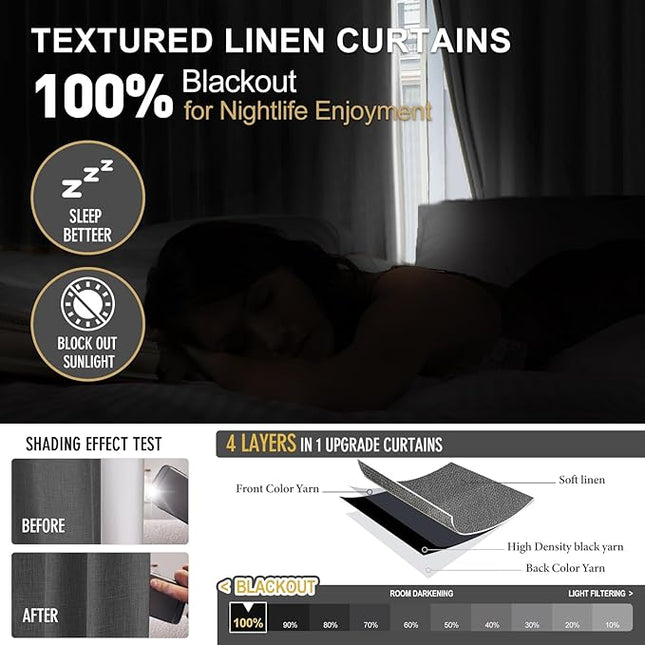 IVAPUPU Linen Pinch Pleated Full Blackout Curtains for Bedroom - 2 Pages Black Out Grey Curtains 108 Inch Long 2 Panel for Living Room Darkening Thermal Window Curtain Drapes with 16pc Hooks