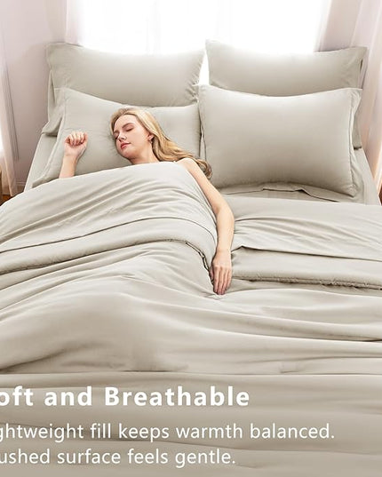 CozyLux Queen Comforter Set Beige, 7 Pieces Bed in a Bag Soft Bedding Comforter Set with Sheets, All Season Boho 7PC Bed Sets with Comforter, Fitted Sheets, Flat Sheets, Pillow Shams and Pillowcases
