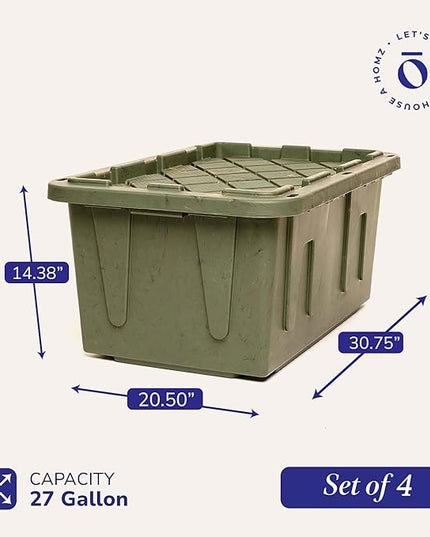 HOMZ 4-Pack Durabilt Tote, Heavy Duty Plastic Storage Bins with Lids, 27 Gallon, Green Camo - Stackable Organizing Containers for Home, Garage, and Office