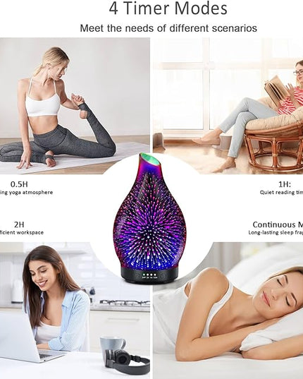 Essential Oil Diffuser 120ML -3D Firework Glass Aromatherapy Diffusers for Essential Oils with 4 Timer Setting Waterless Auto Shut-Off Silent Operation 7 Colors Lights Changing for Room, Office, Yoga