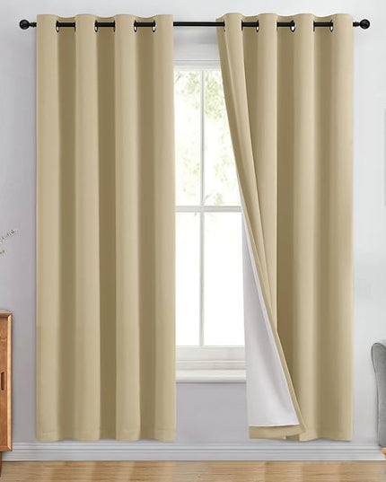 Yakamok 100% Blackout Curtain Panels 72 inches Cold and Light Blocking Drapes for Nursery, 2 Thick Layers Thermal Insulated Draperies (2 Pieces, 50 Wide Each Panel, Beige Front with White Backing)