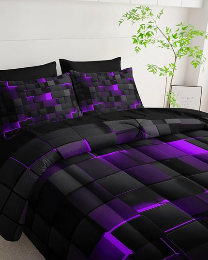 Geometric Violet Black King Comforter Set,Light Honeycomb Bedding Set 7 Piece in A Bag,Bed Sheet Set Geometry Decor,Microfiber Lightweight All Season
